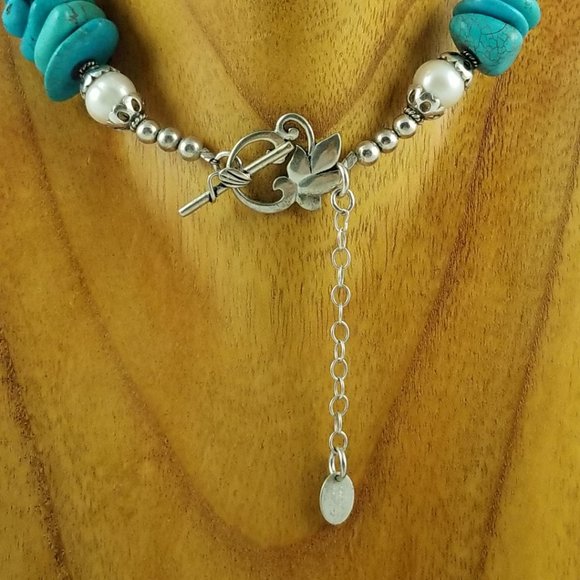 Turquoise, Pearl & Sterling Silver Necklace - Picture 4 of 4